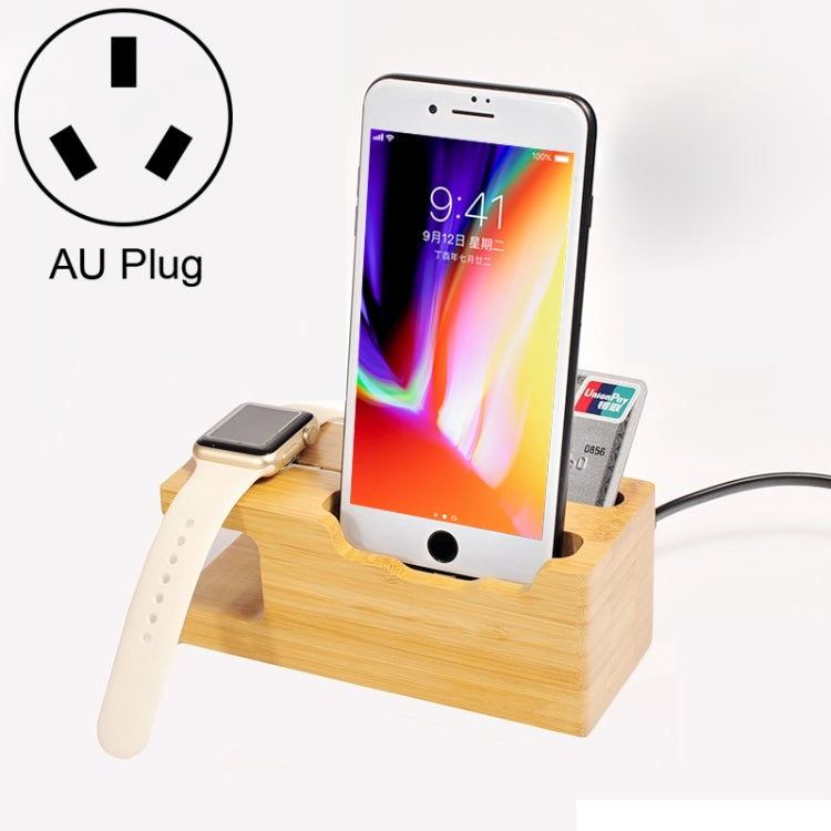 Multi-function Bamboo Charging Station Charger Stand Management Base with 3 USB Ports, For Apple Watch, iPhone, AU Plug