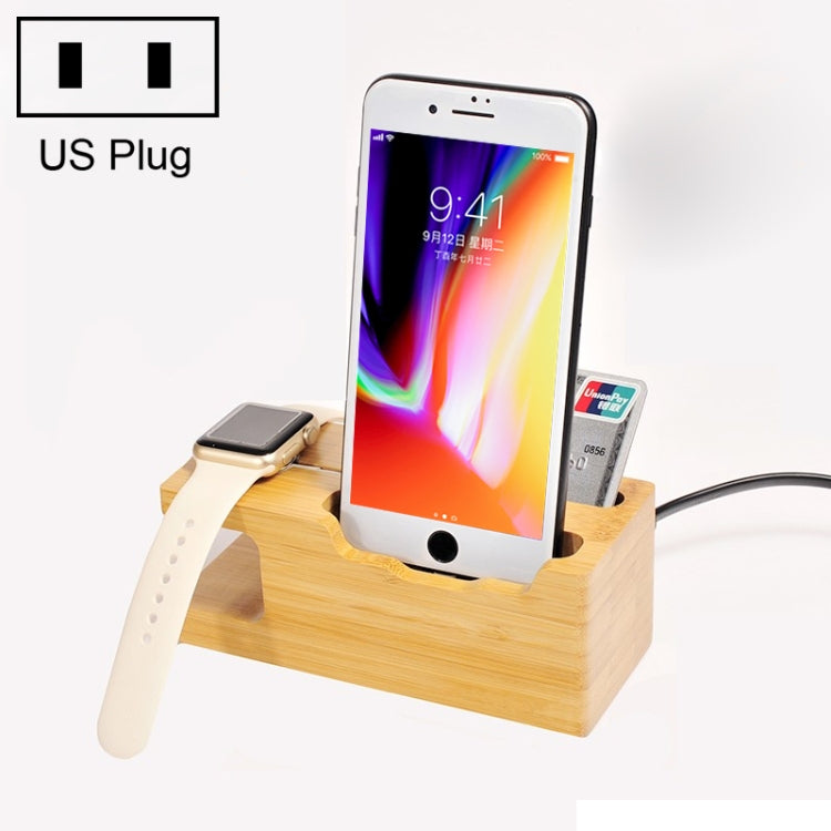 Multi-function Bamboo Charging Station Charger Stand Management Base with 3 USB Ports, For Apple Watch, iPhone, US Plug