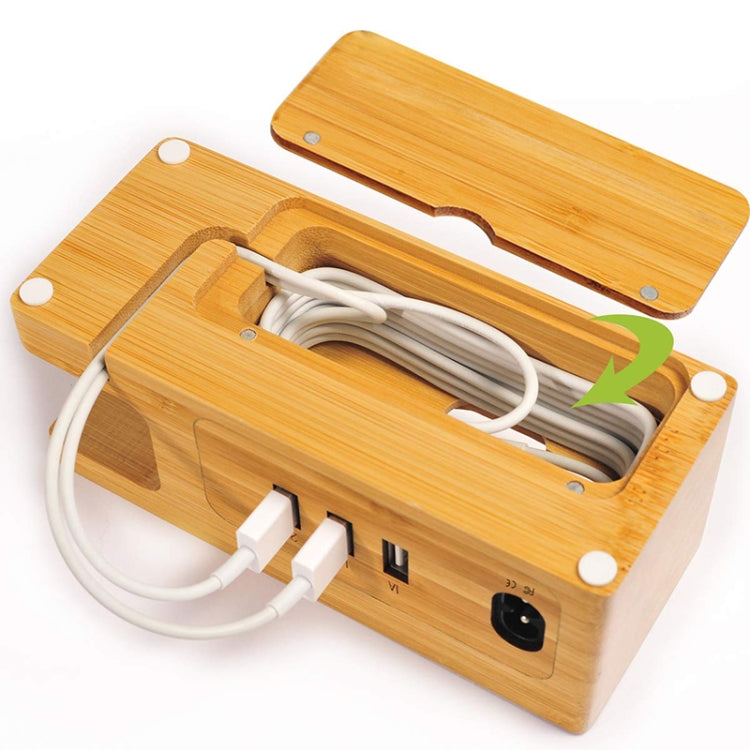 Multi-function Bamboo Charging Station Charger Stand Management Base with 3 USB Ports, For Apple Watch, iPhone, US Plug