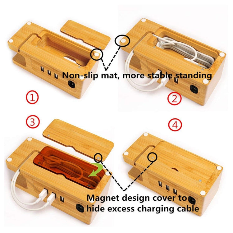Multi-function Bamboo Charging Station Charger Stand Management Base with 3 USB Ports, For Apple Watch, iPhone, US Plug