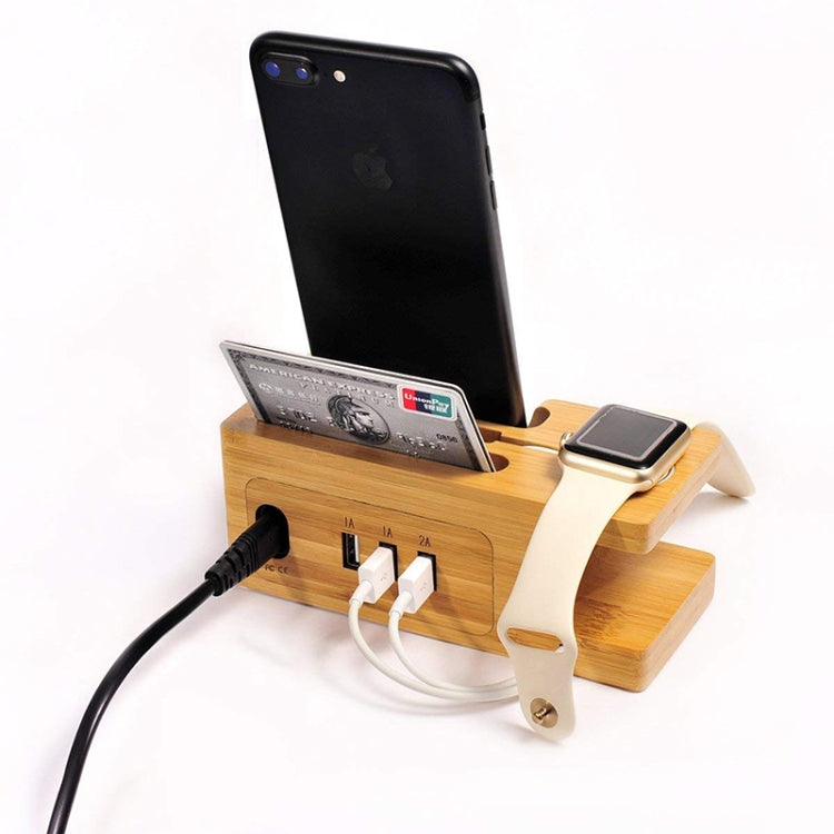 Multi-function Bamboo Charging Station Charger Stand Management Base with 3 USB Ports, For Apple Watch, iPhone, UK Plug