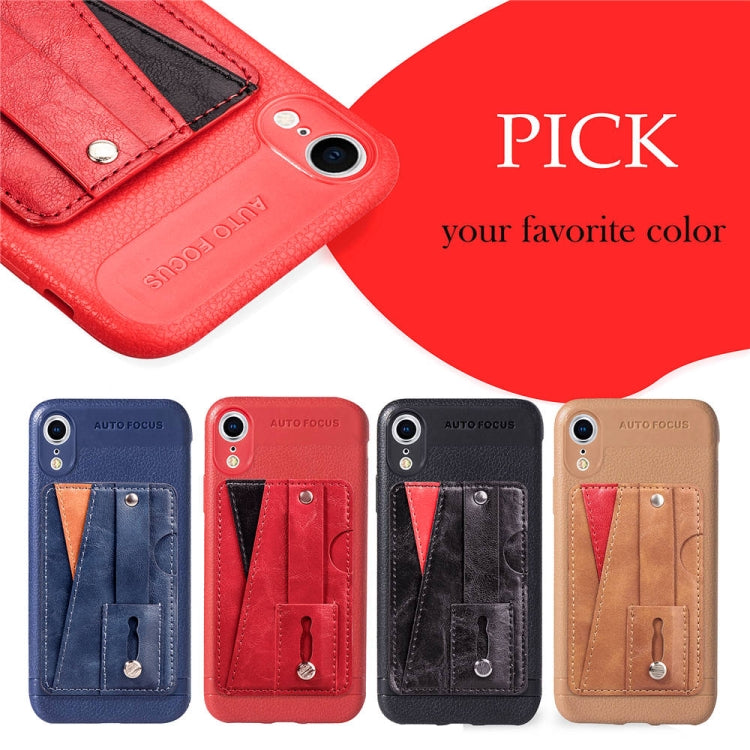 For iPhone XS Litchi Texture Full Coverage Shockproof TPU Case  with Card Slots & Holder