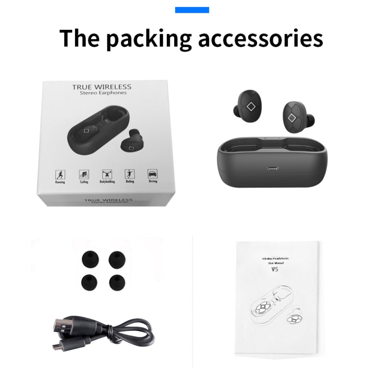 V5-TWS Bluetooth V5.0 Wireless Stereo Headset with Charging Case, Support Intelligent Pairing & Siri Voice(Black)