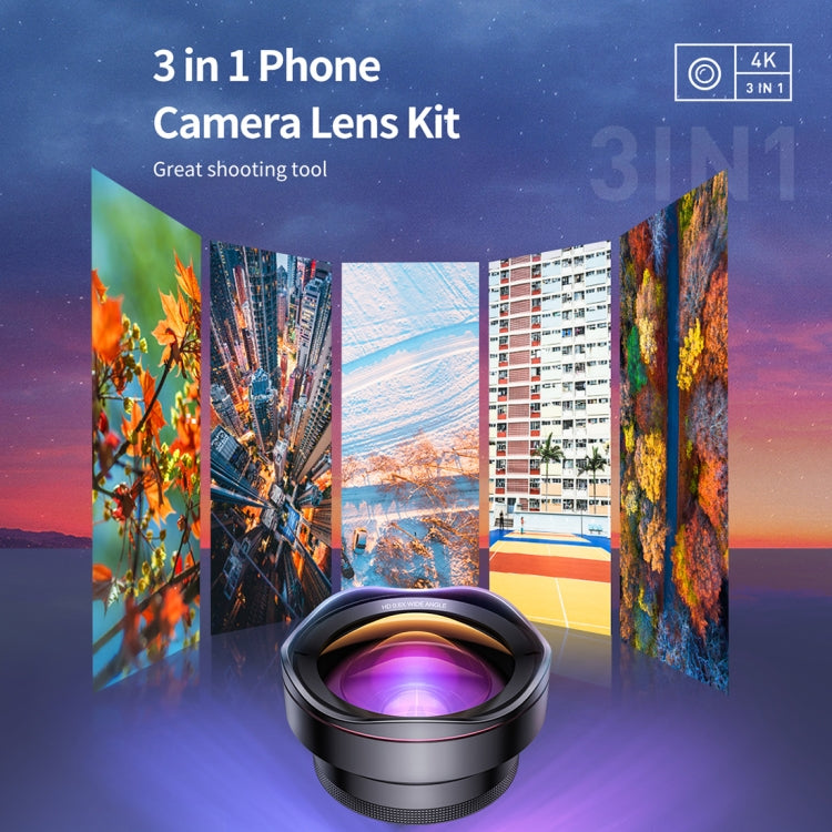 ROCK RCB0754 3 in 1 120 Degree Wide Angle + 230 Degree Fisheye + 15X Macro Universal Mobile Phone Lens Set(Black)