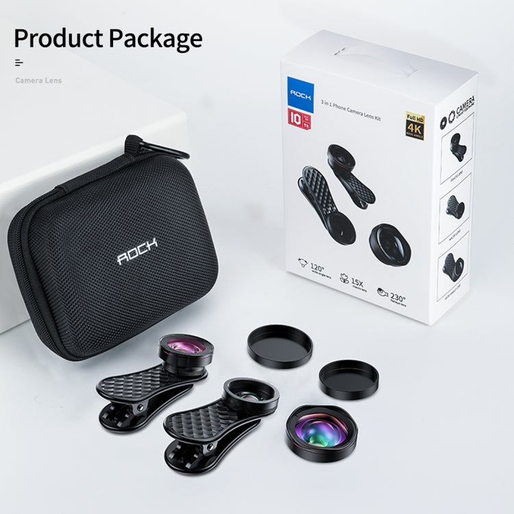 ROCK RCB0754 3 in 1 120 Degree Wide Angle + 230 Degree Fisheye + 15X Macro Universal Mobile Phone Lens Set(Black)