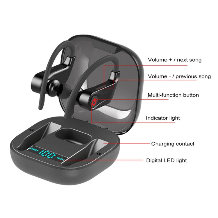 HBQ-Q62 TWS Bluetooth 5.0 Wireless Stereo Bluetooth Earphone with Charging Box & Digital LED Light, Support Siri(Black)
