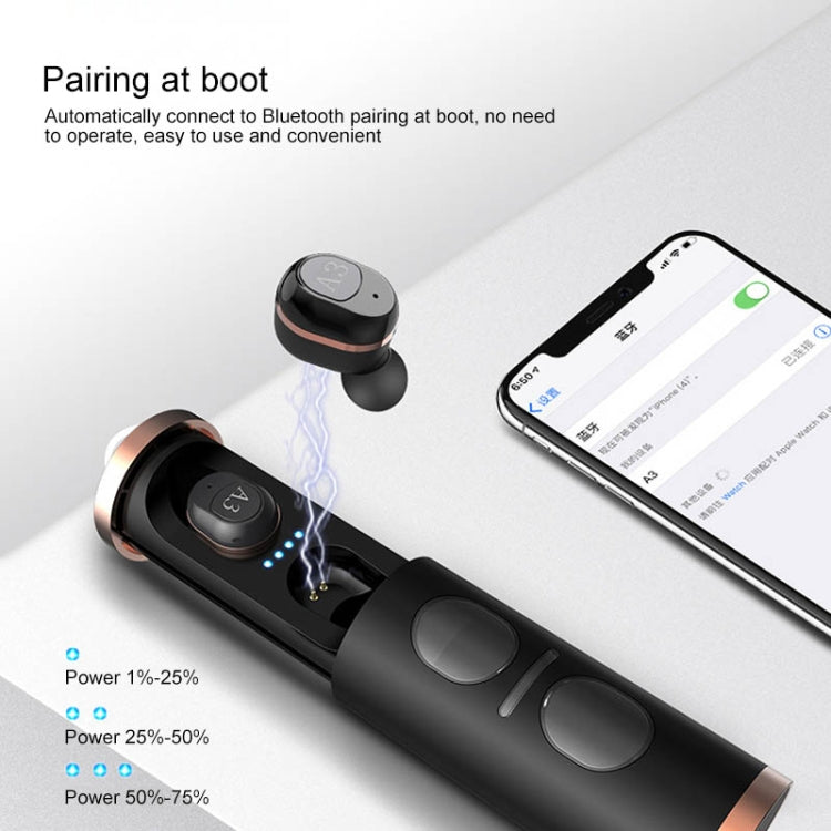 A3 TWS IPX5 Waterproof Bluetooth 5.0 Wireless Bluetooth Earphone with Charging Box, Support Call & IOS Display Power