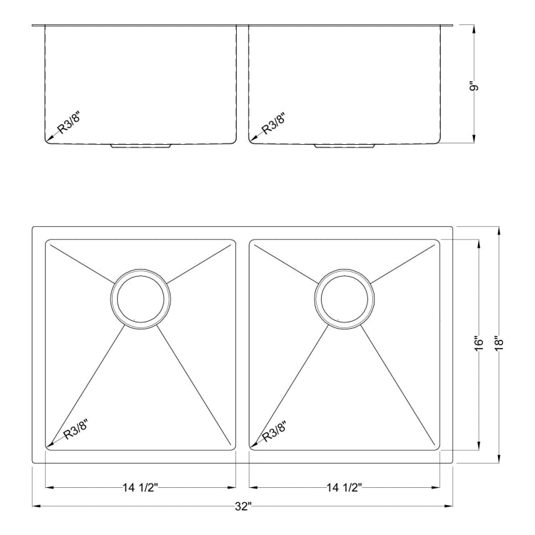 [US Warehouse] Stainless Steel Double Bowl Kitchen Sink, Size: 32x18x9 inch