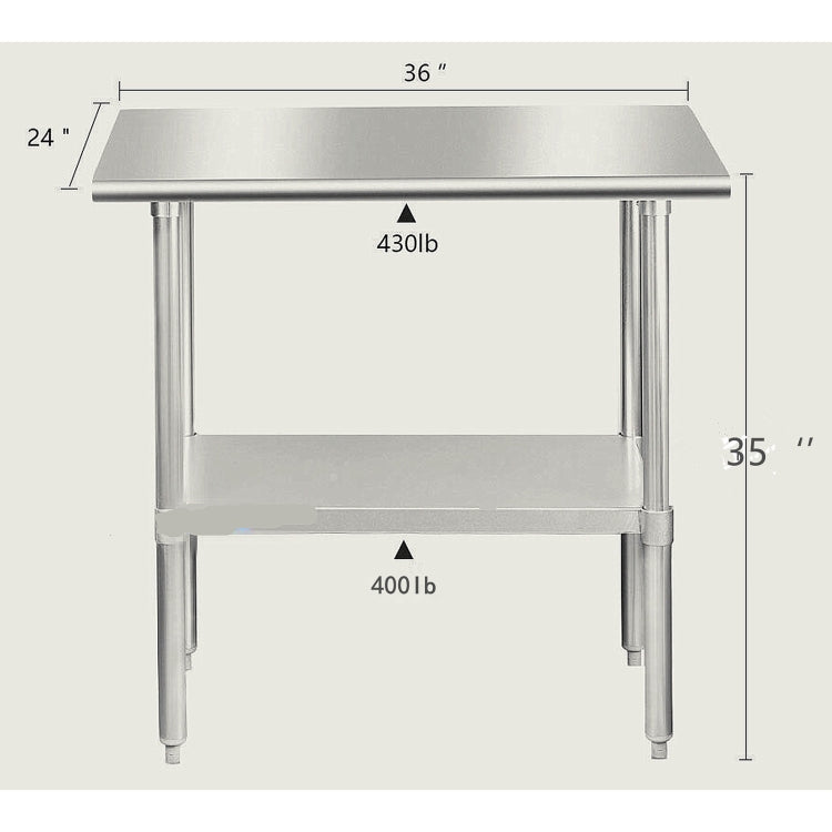 [US Warehouse] Heavy Duty Stainless Steel Workbench Kitchen Food Preparation Table Double Shelf, Size: 36 x 35 x 24 inch