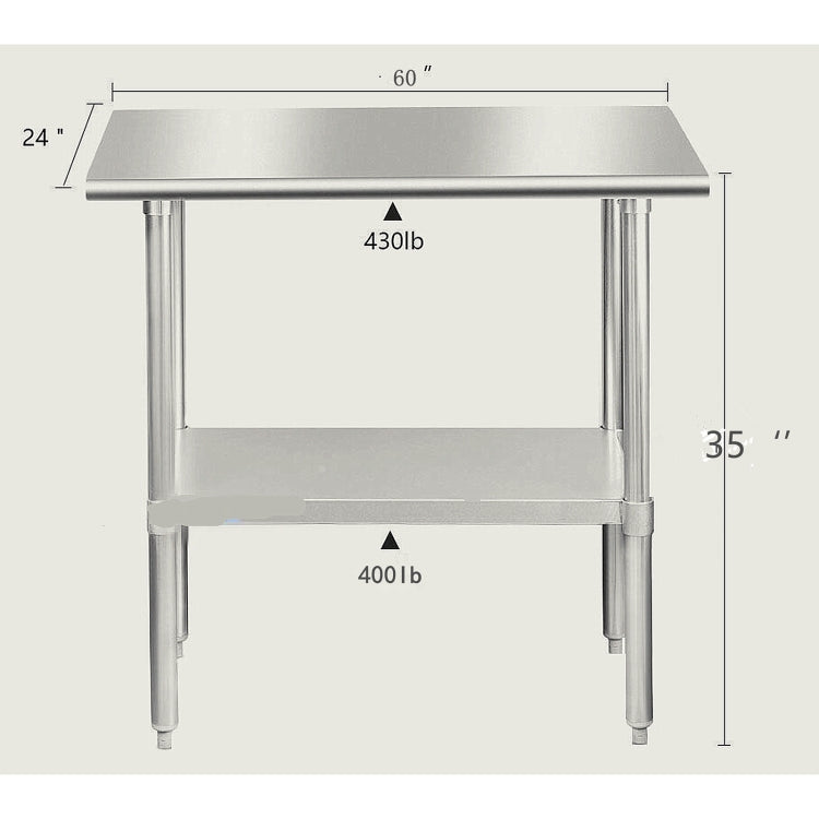 [US Warehouse] Heavy Duty Stainless Steel Workbench Kitchen Food Preparation Table Double Shelf, Size: 60 x 35 x 24 inch