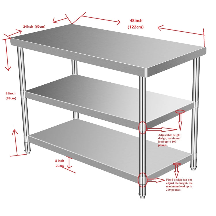 [US Warehouse] Heavy Duty Stainless Steel Workbench Kitchen Food Preparation Table Three-layers Shelf, Size: 48 x 35 x 24 inch