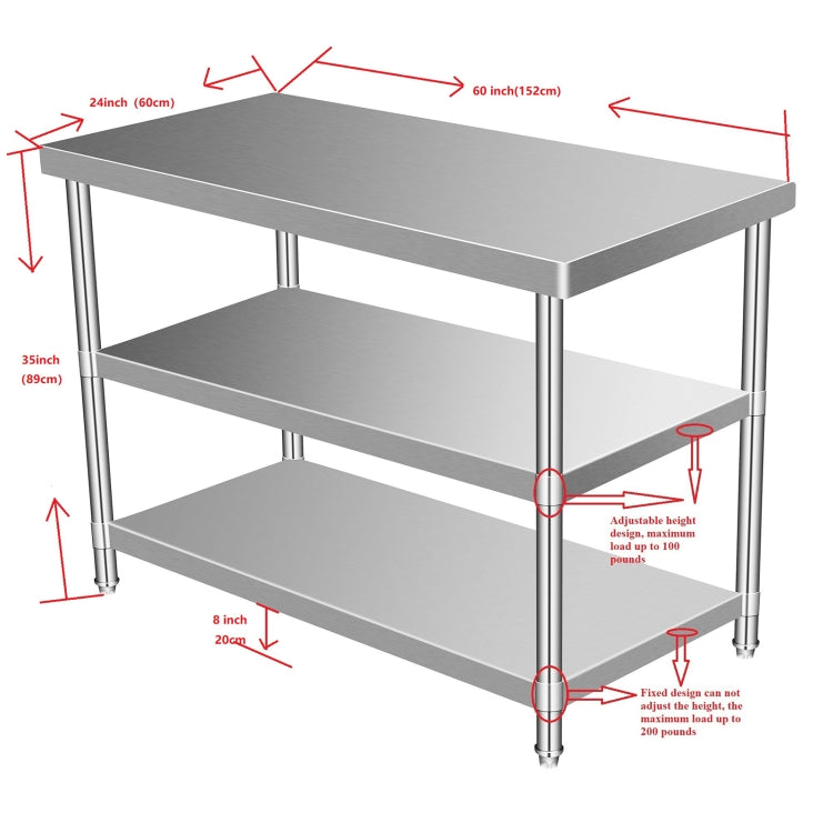 [US Warehouse] Heavy Duty Stainless Steel Workbench Kitchen Food Preparation Table Three-layers Shelf, Size: 60 x 35 x 24 inch