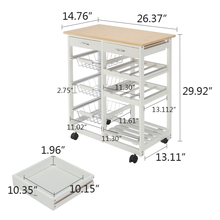 [US Warehouse] Movable Kitchen Dining Cart Rack With 2 Drawers & 2 Wine Racks & 3 Baskets, Size: 67 x 37.5 x 76cm(White)