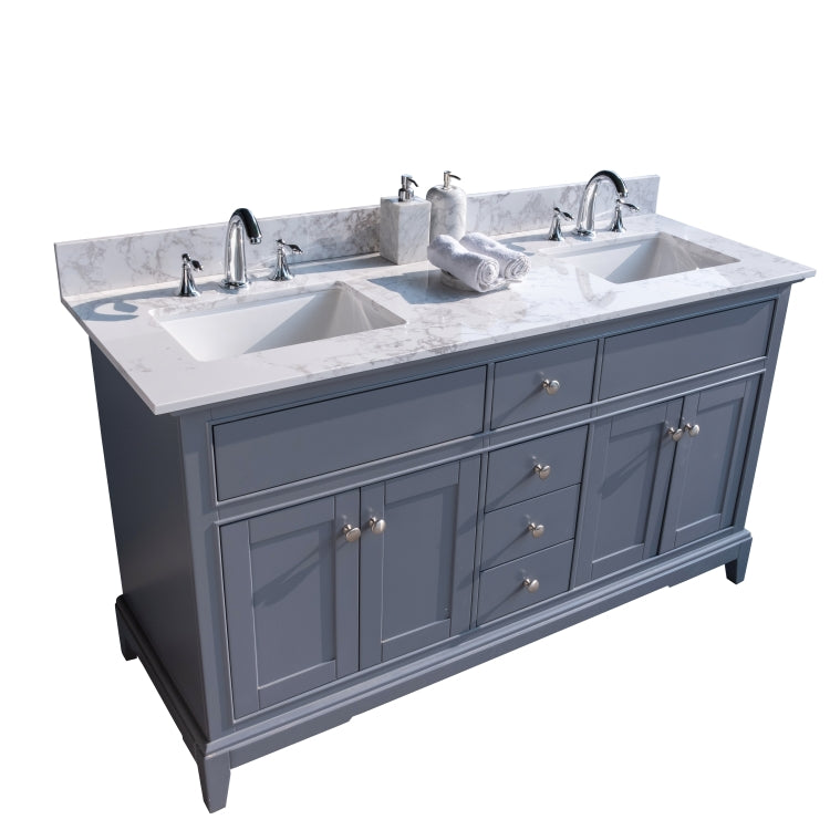 [US Warehouse] 61 inch Bathroom Stone Vanity Top with rectangle Undermount Ceramic Sink & Back Splash(White)