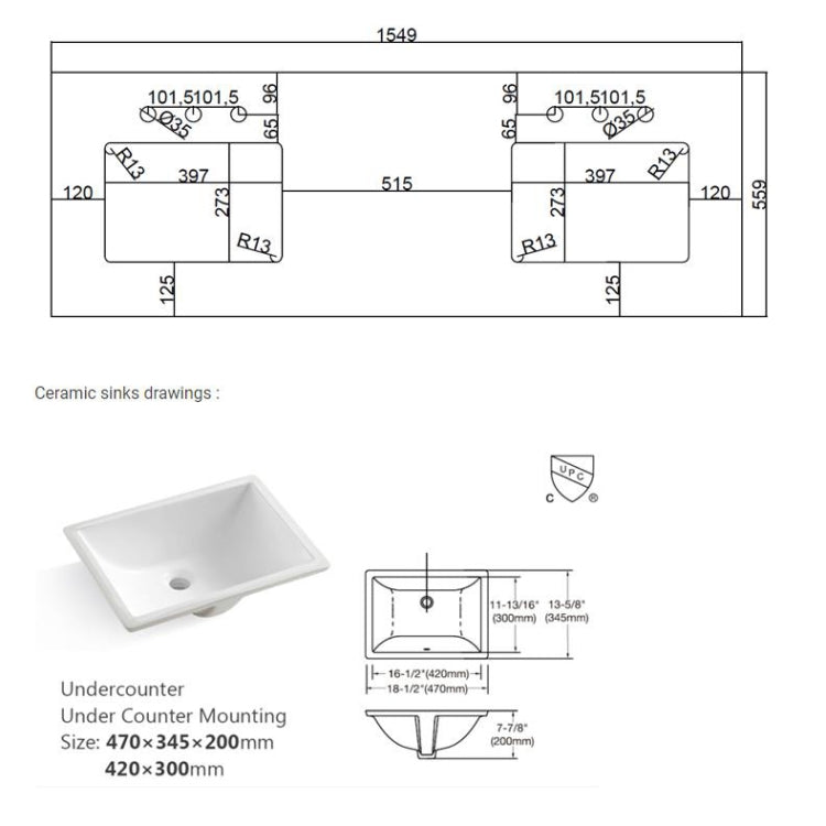 [US Warehouse] 61 inch Bathroom Stone Vanity Top with rectangle Undermount Ceramic Sink & Back Splash(White)