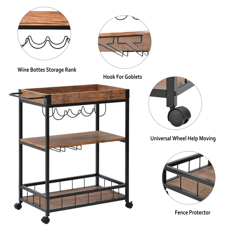 [UK Warehouse] Kitchen 3-Tier Serving Cart with Universal Casters & Tray, Size: 67 x 40 x 87cm(Brown)