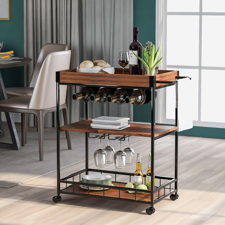 [UK Warehouse] Kitchen 3-Tier Serving Cart with Universal Casters & Tray, Size: 67 x 40 x 87cm(Brown)
