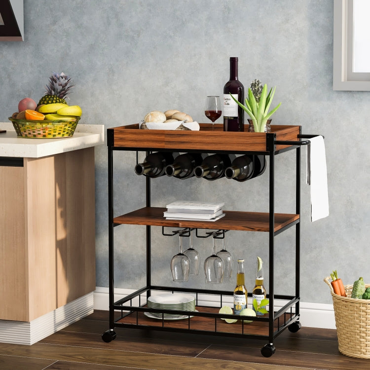 [UK Warehouse] Kitchen 3-Tier Serving Cart with Universal Casters & Tray, Size: 67 x 40 x 87cm(Brown)