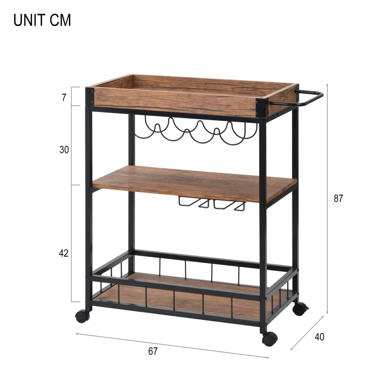 [UK Warehouse] Kitchen 3-Tier Serving Cart with Universal Casters & Tray, Size: 67 x 40 x 87cm(Brown)