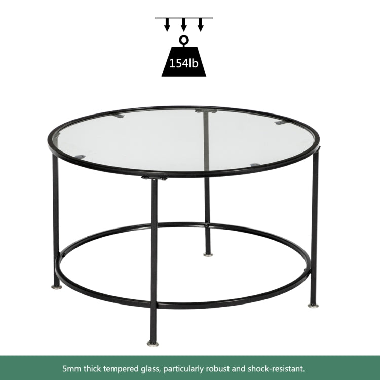 [US Warehouse] 2 Layers 5mm Thick Tempered Glass Countertops Round Wrought Iron Coffee Table, Size: 66 x 66 x 42cm