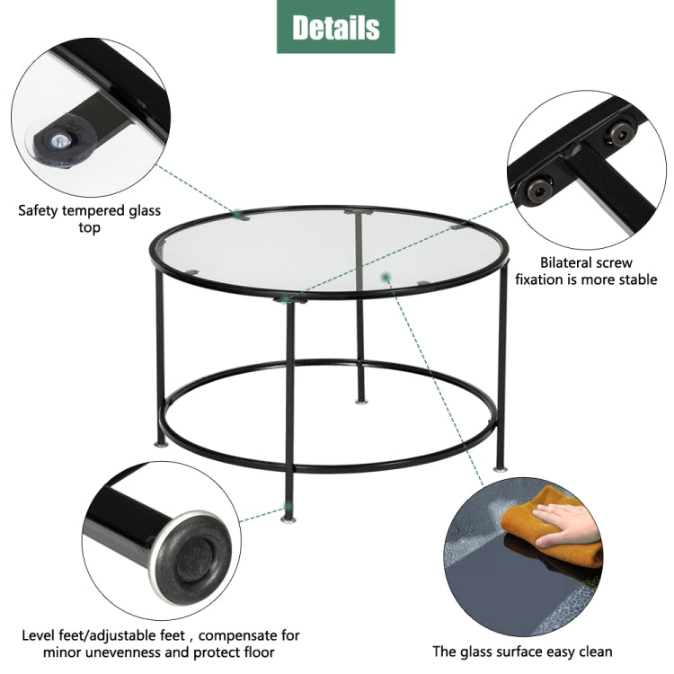 [US Warehouse] 2 Layers 5mm Thick Tempered Glass Countertops Round Wrought Iron Coffee Table, Size: 66 x 66 x 42cm