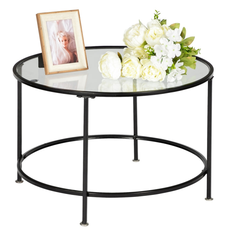 [US Warehouse] 2 Layers 5mm Thick Tempered Glass Countertops Round Wrought Iron Coffee Table, Size: 66 x 66 x 42cm
