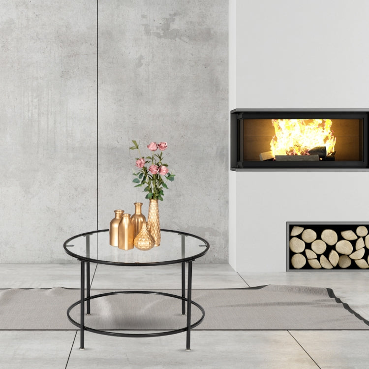[US Warehouse] 2 Layers 5mm Thick Tempered Glass Countertops Round Wrought Iron Coffee Table, Size: 66 x 66 x 42cm