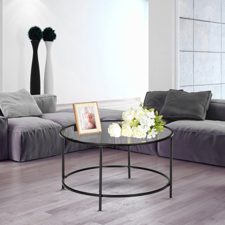 [US Warehouse] 2 Layers 5mm Thick Tempered Glass Countertops Round Wrought Iron Coffee Table, Size: 66 x 66 x 42cm