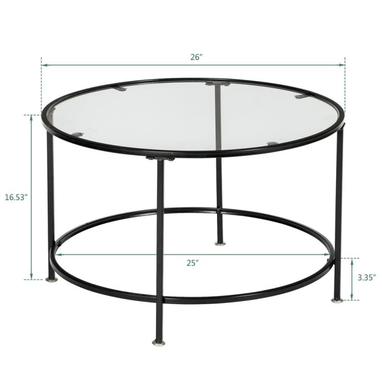 [US Warehouse] 2 Layers 5mm Thick Tempered Glass Countertops Round Wrought Iron Coffee Table, Size: 66 x 66 x 42cm