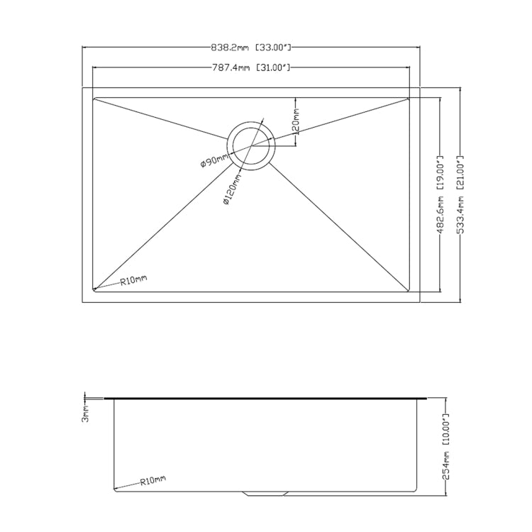 [US Warehouse] Stainless Steel Single Bowl Kitchen Sink, Size: 33 x 21 x 10 inch