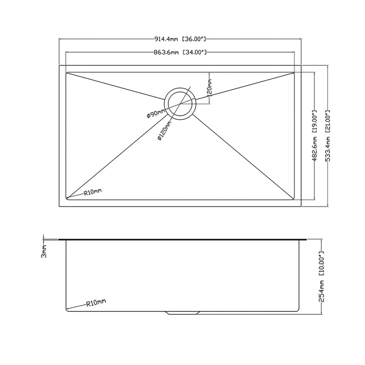 [US Warehouse] Stainless Steel Single Bowl Kitchen Sink, Size: 36 x 21 x 10 inch