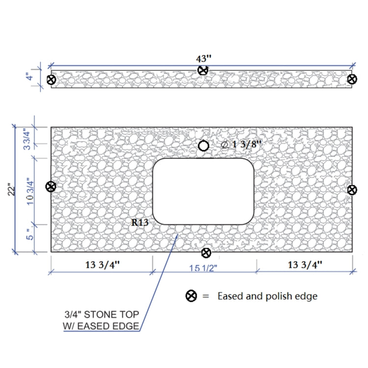 [US Warehouse] Engineered Stone Marble Color Bathroom Vanity Surface with Rectangle Undermount Ceramic Sink & Single Faucet Hole & Back Splash, Size: 43 x 22 inch