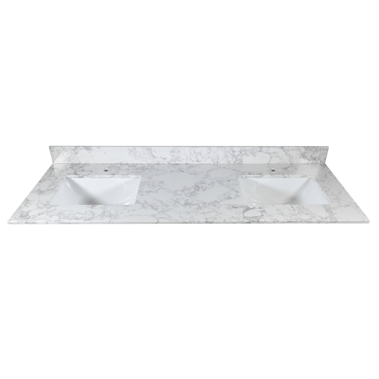 [US Warehouse] Engineered Stone Marble Color Bathroom Vanity with Double Rectangle Undermount Ceramic Sink & Single Faucet Hole & Back Splash, Size: 61 x 22 inch