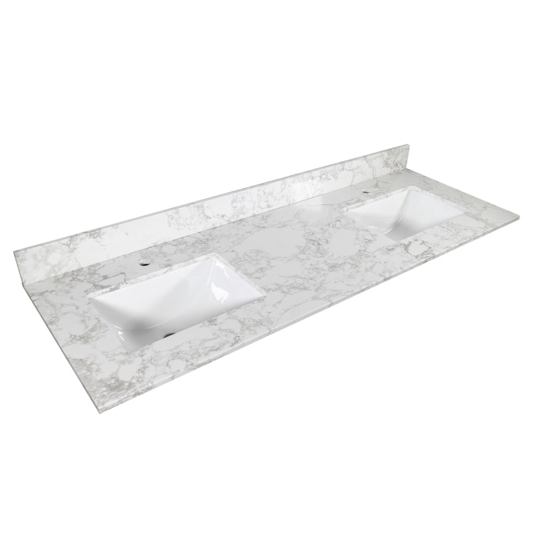 [US Warehouse] Engineered Stone Marble Color Bathroom Vanity with Double Rectangle Undermount Ceramic Sink & Single Faucet Hole & Back Splash, Size: 61 x 22 inch