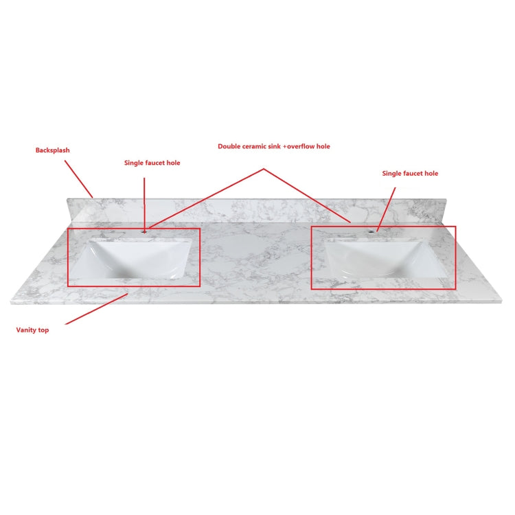[US Warehouse] Engineered Stone Marble Color Bathroom Vanity with Double Rectangle Undermount Ceramic Sink & Single Faucet Hole & Back Splash, Size: 61 x 22 inch