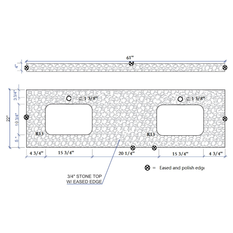 [US Warehouse] Engineered Stone Marble Color Bathroom Vanity with Double Rectangle Undermount Ceramic Sink & Single Faucet Hole & Back Splash, Size: 61 x 22 inch