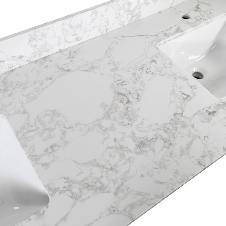 [US Warehouse] Engineered Stone Marble Color Bathroom Vanity with Double Rectangle Undermount Ceramic Sink & Single Faucet Hole & Back Splash, Size: 61 x 22 inch