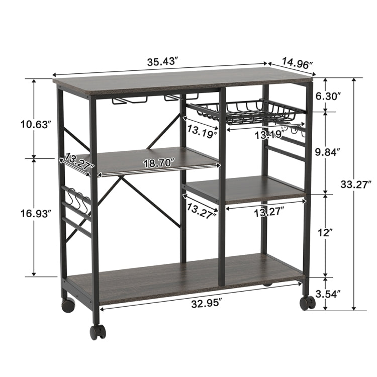 [US Warehouse] Kitchen Shelf Microwave Oven Rack with 6 Hooks and 4 Removable Stop Wheels, Size: 35.43 x 33.27 x 14.96 inch
