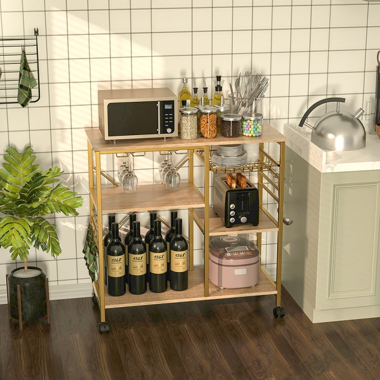 [US Warehouse] Kitchen Shelf Microwave Oven Rack with 6 Hooks and 4 Removable Stop Wheels, Size: 35.43 x 33.27 x 14.96 inch