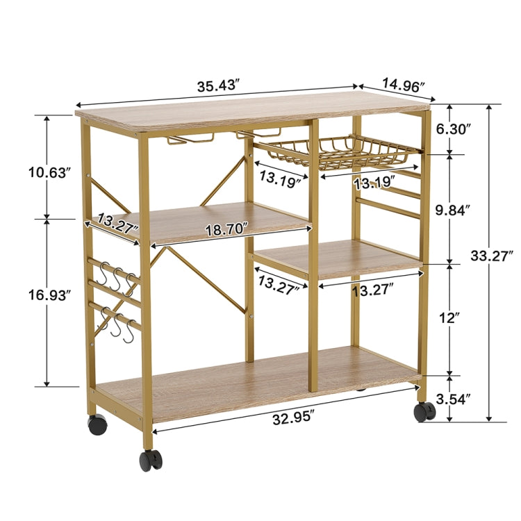 [US Warehouse] Kitchen Shelf Microwave Oven Rack with 6 Hooks and 4 Removable Stop Wheels, Size: 35.43 x 33.27 x 14.96 inch