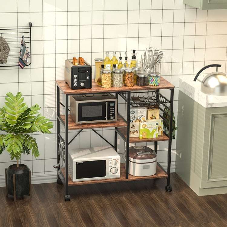 [US Warehouse] Kitchen Shelf Microwave Oven Rack with 6 Hooks and 4 Removable Stop Wheels, Size: 35.43 x 33.27 x 14.96 inch