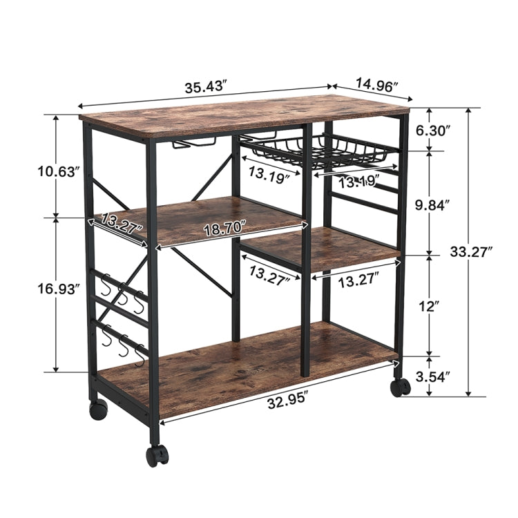 [US Warehouse] Kitchen Shelf Microwave Oven Rack with 6 Hooks and 4 Removable Stop Wheels, Size: 35.43 x 33.27 x 14.96 inch