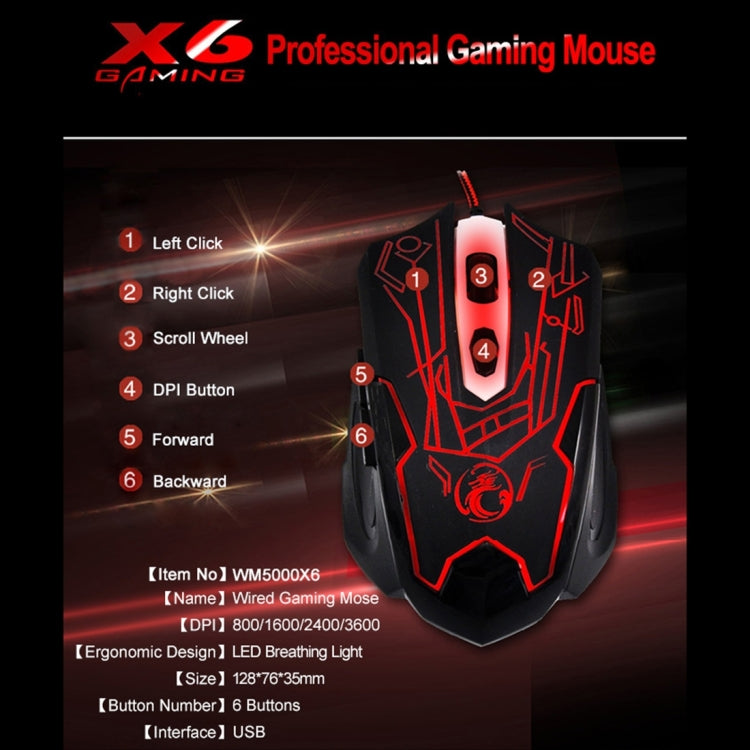 ESTONE X6 LED Colorful Light USB 6 Buttons 2400 DPI Wired Optical Gaming Mouse for Computer PC Laptop(Black)