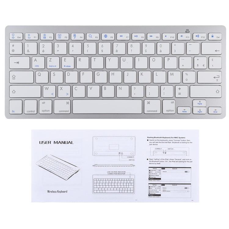 WB-8022 Ultra-thin Wireless Bluetooth Keyboard for iPad, Samsung, Huawei, Xiaomi, Tablet PCs or Smartphones, French Keys(Silver)