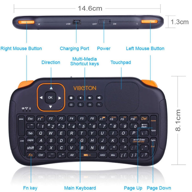 VIBOTON S1 Air Mouse 83-keys QWERTY 2.4GHz Mini Rechargeable Wireless Keyboard with Touchpad for PC, Pad, Android / Google TV Box, Xbox360, PS3, HTPC / IPTV, Support Auto Sleep and Auto Wake Mode(Black)