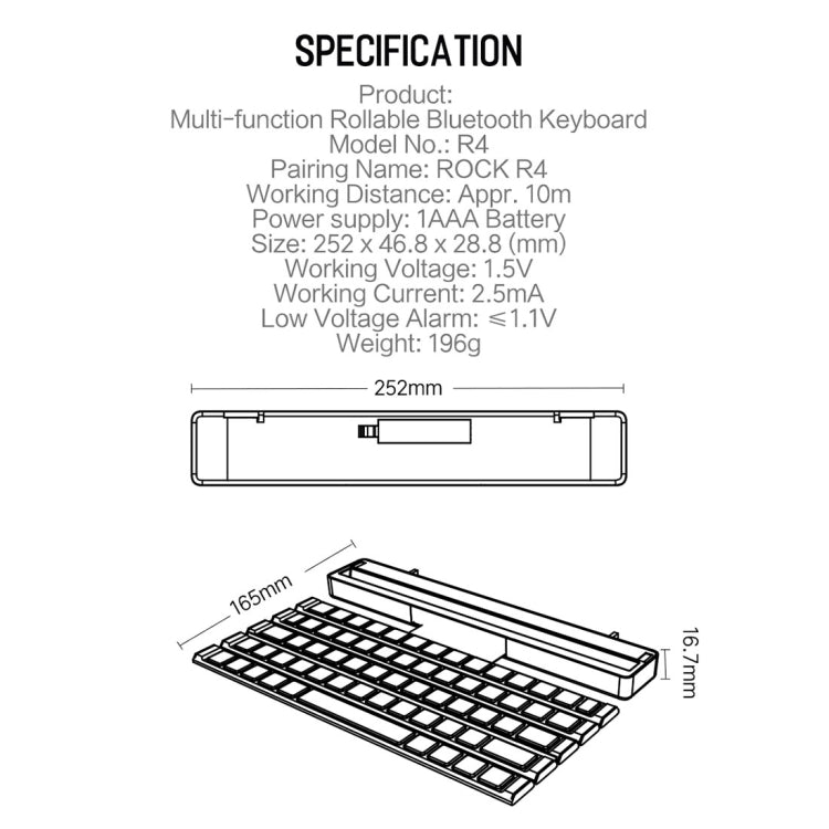 ROCK Multi-function Rollable Wireless Bluetooth Keyboard with Indicator for Laptop, Notebook, Tablet and Smartphones (Black)