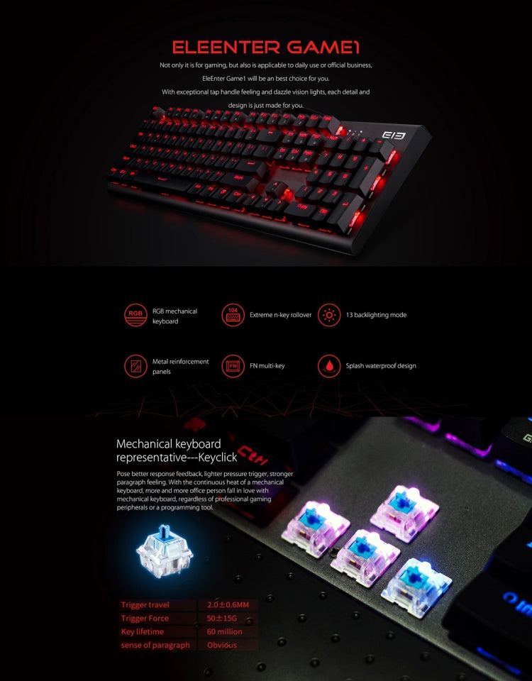 EleEnter Game 1 Multimedia USB 104 Keys Wired RGB Backlight Metal Gaming Mechanical Keyboard for Computer PC Laptop(Black)