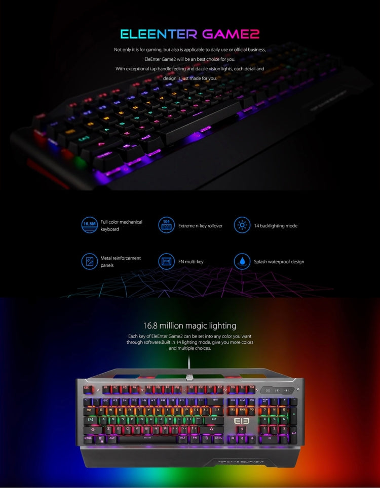 EleEnter Game 2 Multimedia USB 104 Keys Wired RGB Backlight Metal Gaming Mechanical Keyboard for Computer PC Laptop(Black)