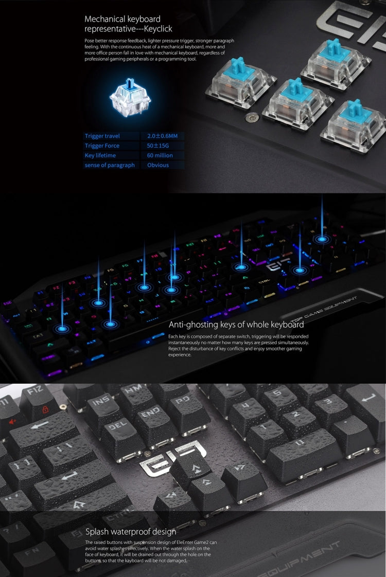 EleEnter Game 2 Multimedia USB 104 Keys Wired RGB Backlight Metal Gaming Mechanical Keyboard for Computer PC Laptop(Black)