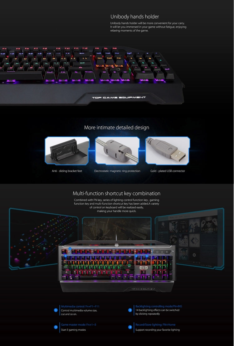 EleEnter Game 2 Multimedia USB 104 Keys Wired RGB Backlight Metal Gaming Mechanical Keyboard for Computer PC Laptop(Black)
